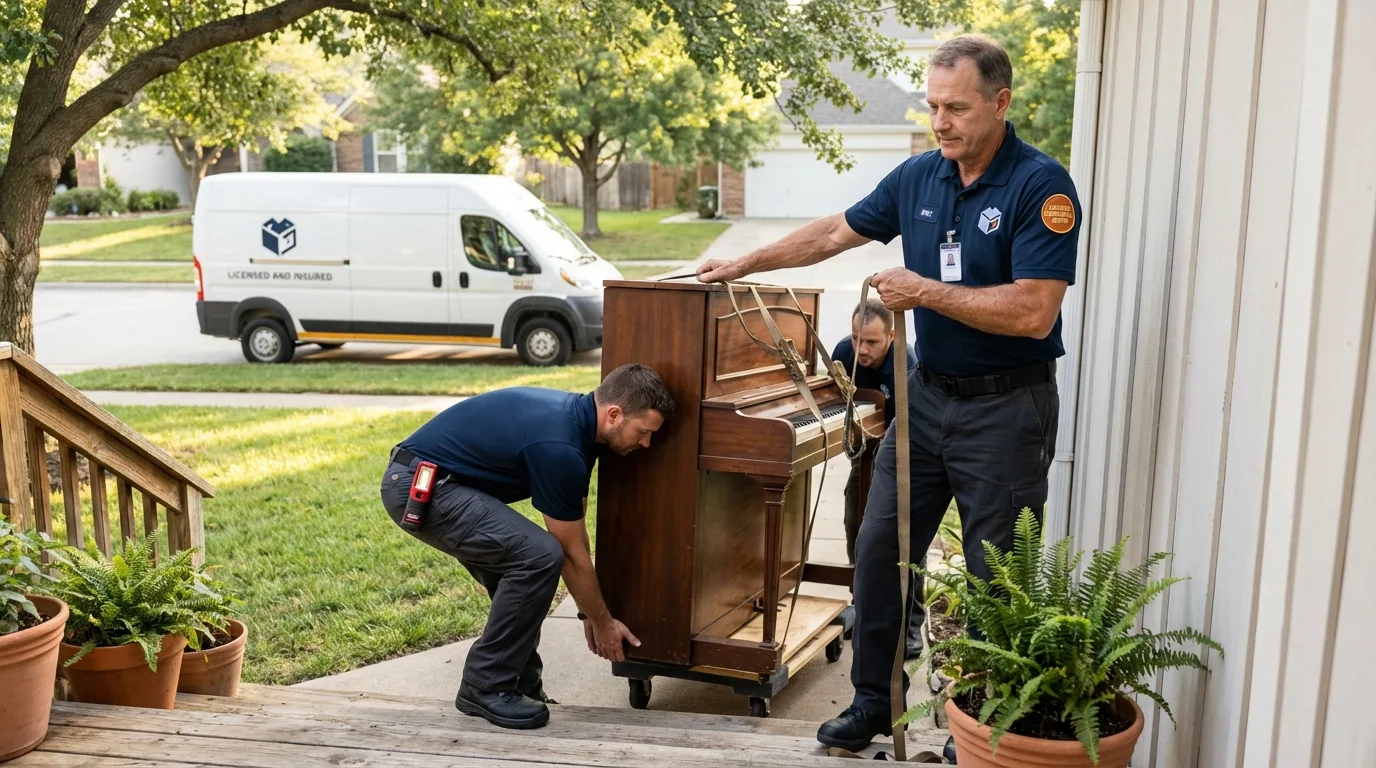 Licensed piano movers securing grand piano in Taunton, MA