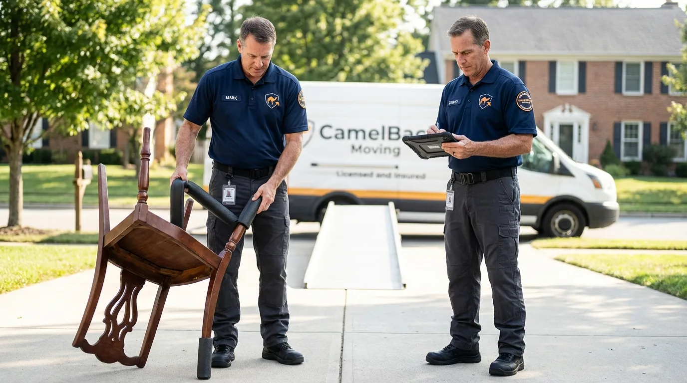 Movers inspecting furniture for damage prevention before loading in Taunton, MA
