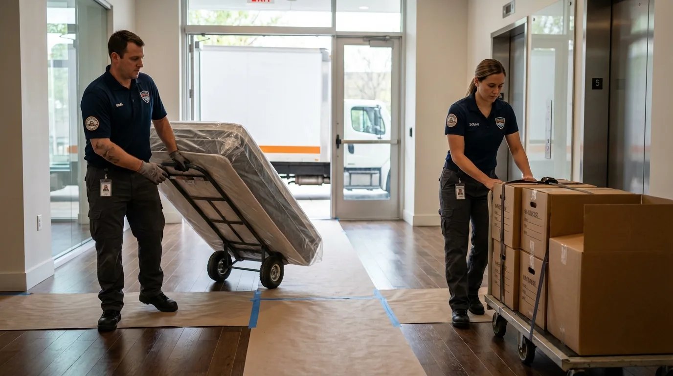 Professional apartment movers loading elevator in Taunton, MA
